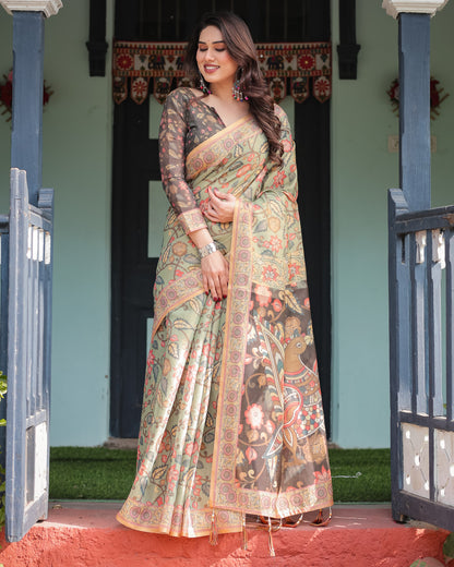 Pista Green Soft Linen Cotton Saree With Kalamkari Printed Work