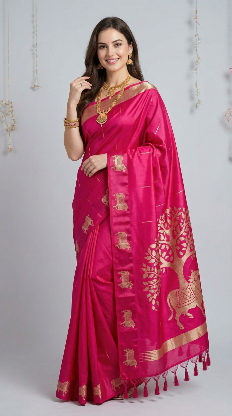 Pink Khadi Raw Silk Saree With Zari Weaving Cow Pallu & Border | Traditional Festive Wear – JaipurSaaj