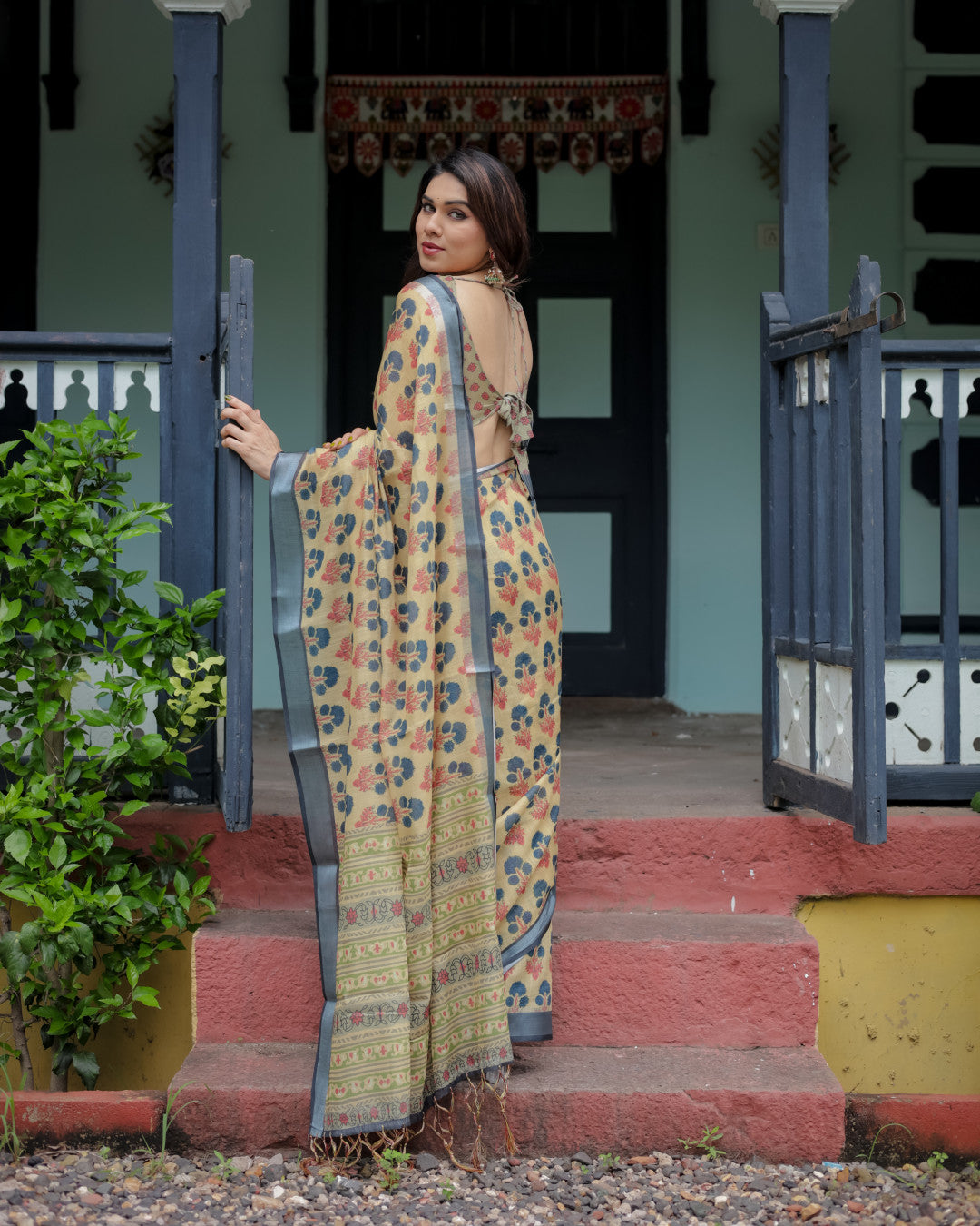 Multi Floral Digital Printed Linen Cotton Saree