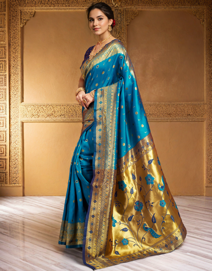 Traditional Firoji Paithani Silk Saree With Zari Weaving Work