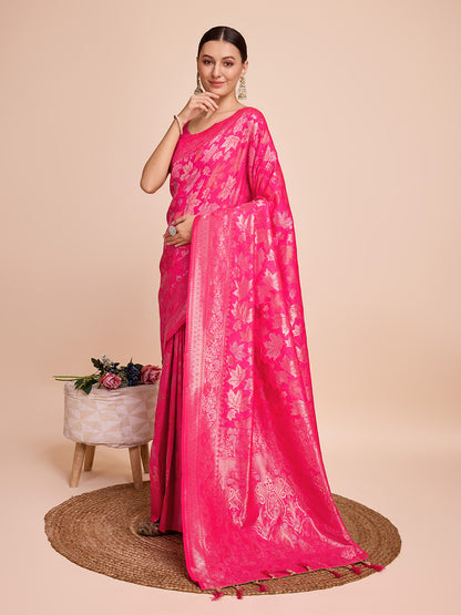 Golden & Copper Zari Weaving With Pink Soft Silk Banarasi Saree | Party & Wedding Wear - JaipurSaaj