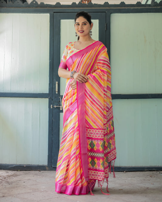 Yellow And Pink Soft Linen Cotton Saree With Digital Printed Work