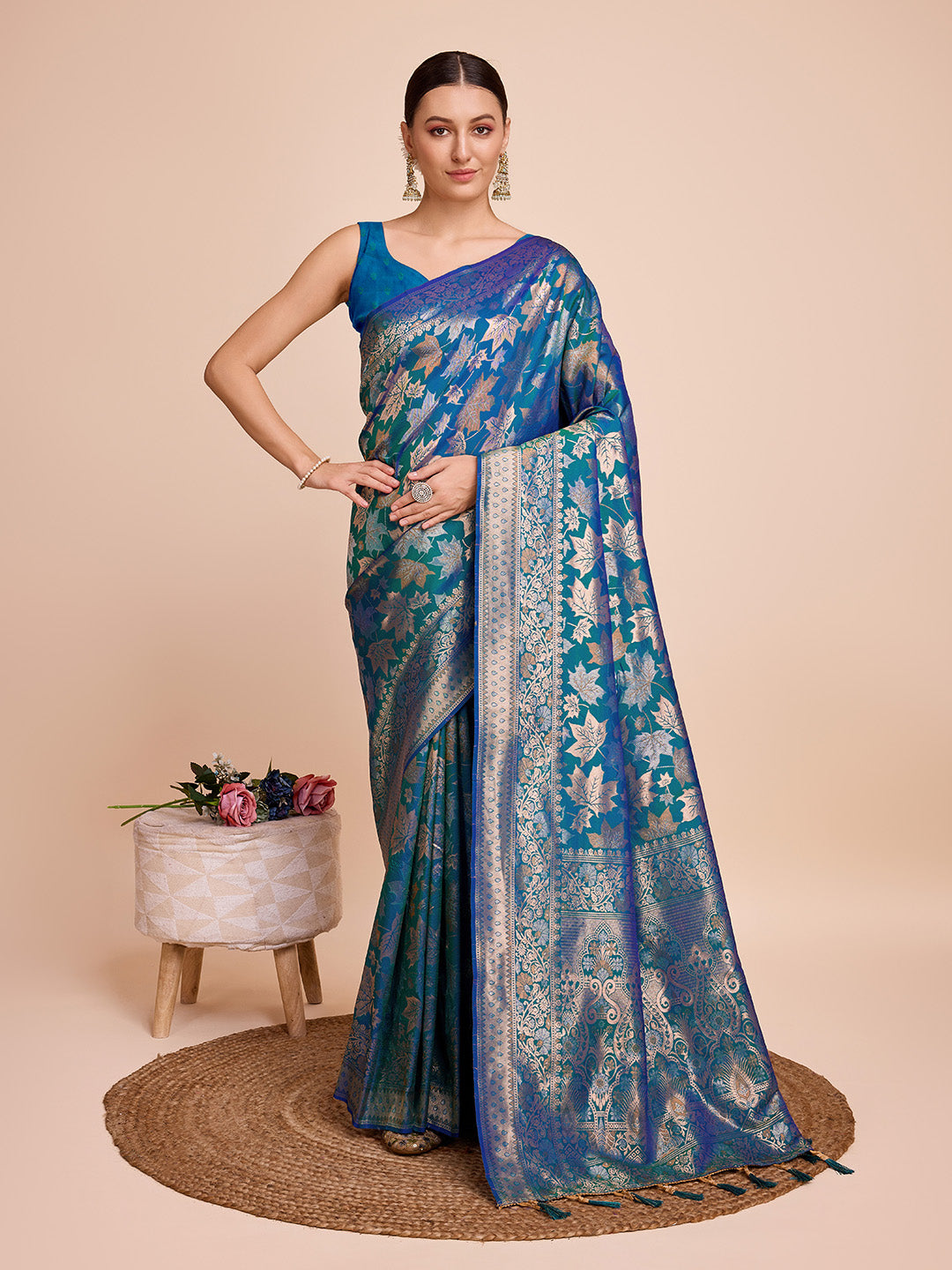 Golden & Copper Zari Weaving With Firoji Soft Silk Banarasi Saree | Party & Wedding Wear - JaipurSaaj