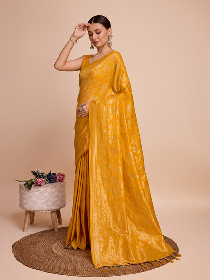 Golden & Copper Zari Weaving With Yellow Soft Silk Banarasi Saree | Party & Wedding Wear - JaipurSaaj