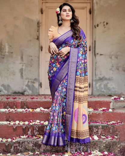 Multi Kalamakari Floral Printed Tussar Silk Saree With Zari Motif Border | Festive Ethnic Wear – JaipurSaaj