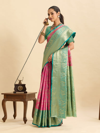 Pink Kanjivaram Silk Saree with Zari Weaving Work & Big Border | Bridal Wedding Wear – JaipurSaaj