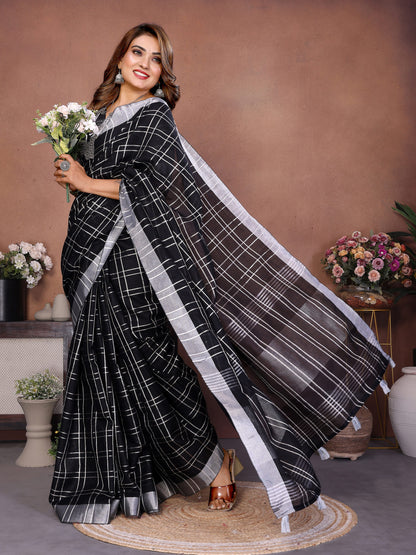Black Linen Cotton Saree With Silver Zari Border
