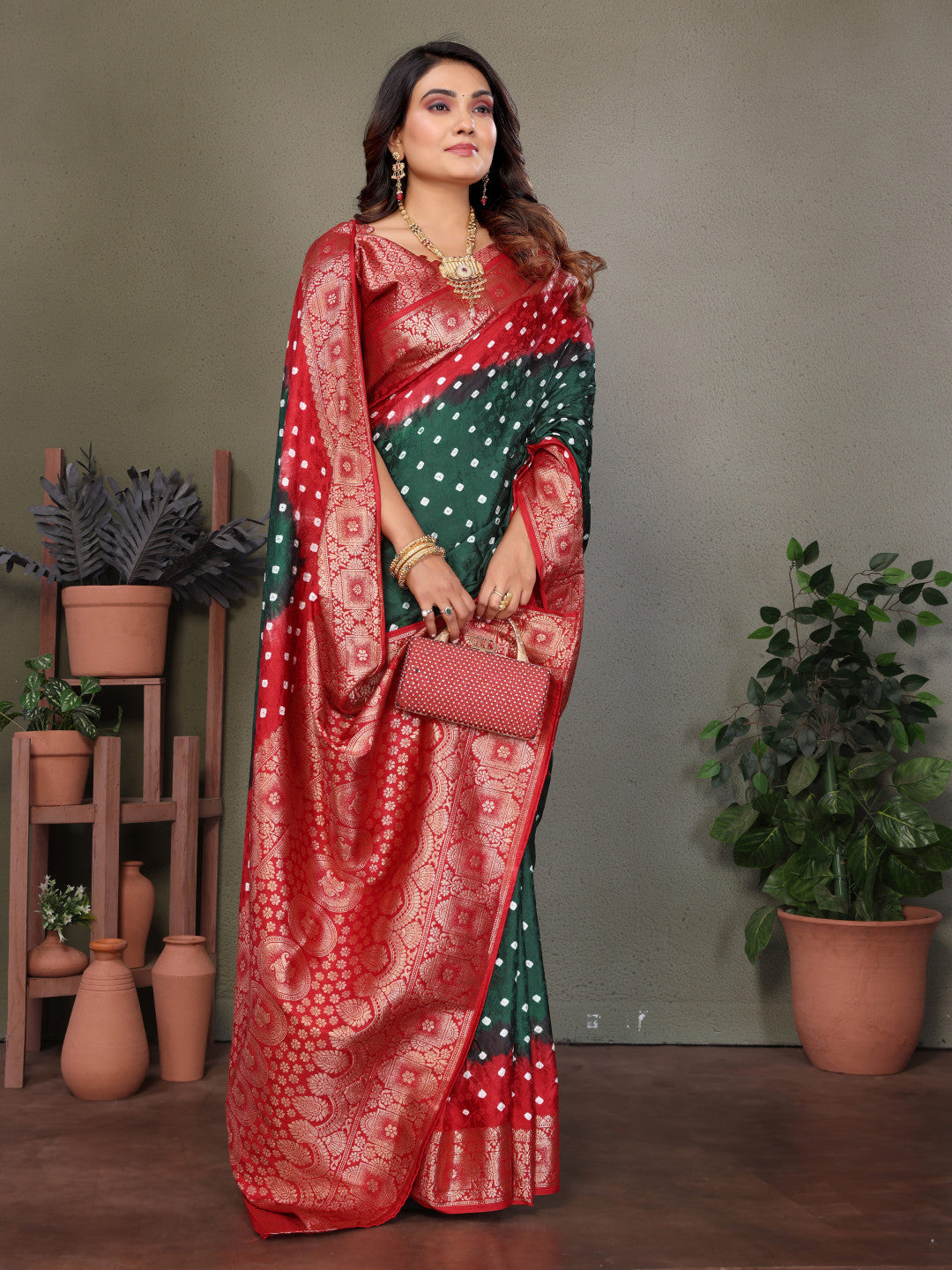 Green & Red Bandhej Silk Saree With Zari Weaving Work | Festive Wedding Wear – JaipurSaaj