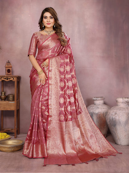 Dusty Pink Organza Silk Banarasi Saree With Zari Weaving Work | Bridal Wedding & Festive Wear – JaipurSaaj