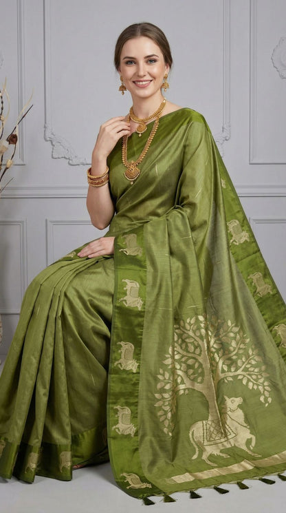 Mehndi Green Khadi Raw Silk Saree With Zari Weaving Cow Pallu & Border | Traditional Festive Wear – JaipurSaaj