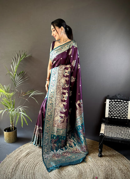 Wine Banarasi Silk Saree With Meenakari Zari Weaving Work | Bridal Wedding Wear – JaipurSaaj