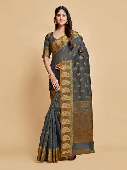 Gray Chanderi Cotton Saree With Woven Design | Traditional Festive Ethnic Wear – JaipurSaaj