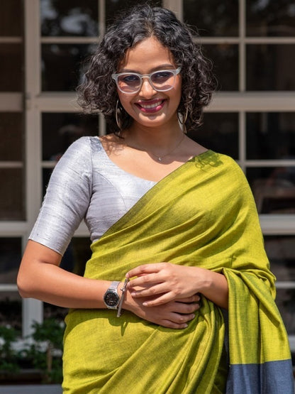 Parrot Green Color Plain Khadi Cotton Saree With Fancy Tassel Work