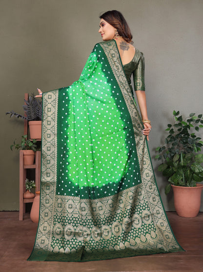 Parrot Green & Green Bandhej Silk Saree With Zari Weaving Work | Festive Wedding Wear – JaipurSaaj