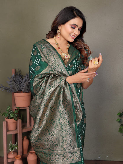 Green Bandhej Silk Saree With Zari Weaving Work | Wedding & Festive Wear – JaipurSaaj