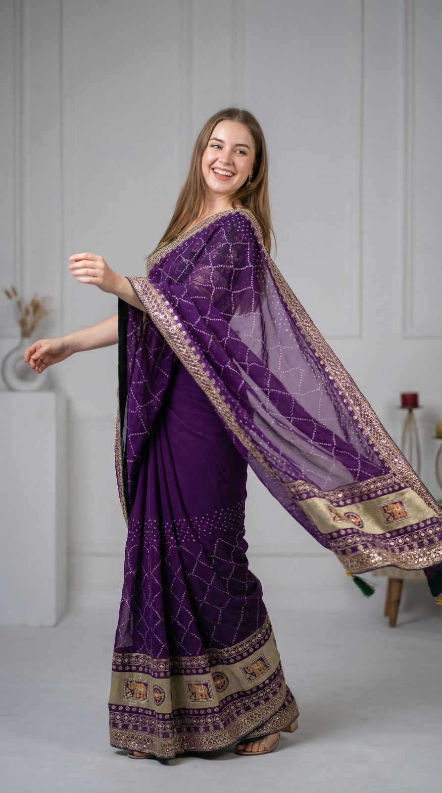 Purple Vichitra Silk Saree With Khadi Bandhej Heavy Pallu & Zari Border | Wedding & Festive Wear – JaipurSaaj