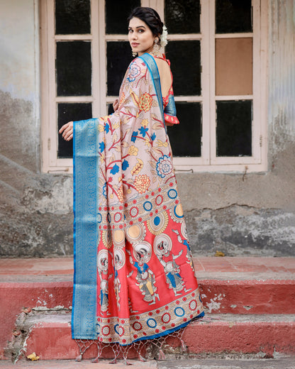 Multi Kalamakari Floral Printed Tussar Silk Saree With Zari Motif Border | Festive Ethnic Wear – JaipurSaaj