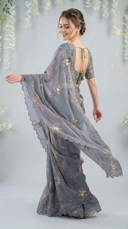 Gray Fandy Satin Silk Saree With Heavy Shine Hand Work & Cutwork Border | Wedding & Party Wear - JaipurSaaj