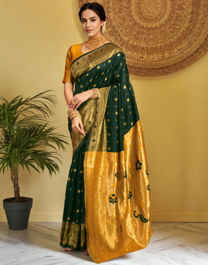 Traditional Dark Green Paithani Silk Saree With Zari Weaving Work