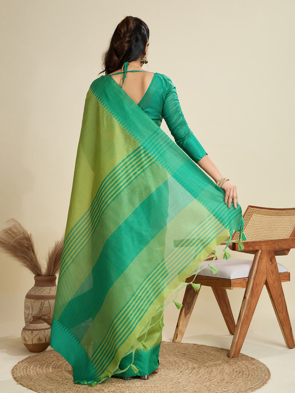 Parrot Green Color Khadi Raw Silk Saree With Zari Lining Pallu With Tample Border