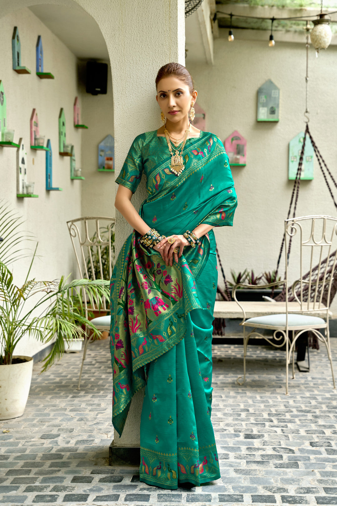 Traditional Rama Green Paithani Silk Saree With Zari Weaving Work
