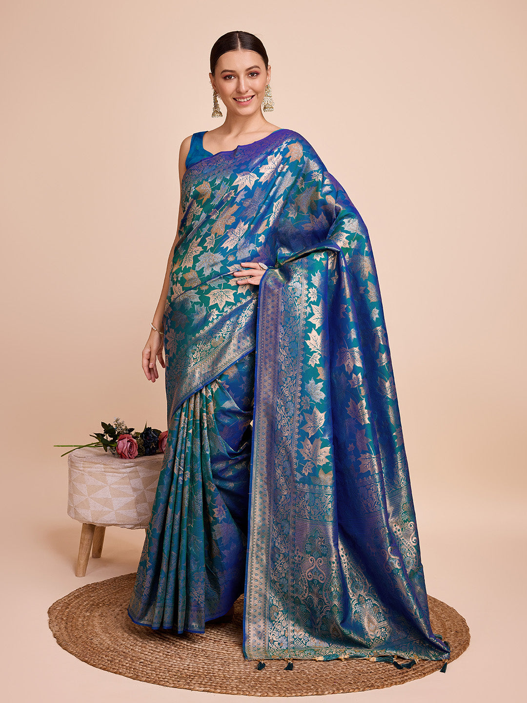Golden & Copper Zari Weaving With Firoji Soft Silk Banarasi Saree | Party & Wedding Wear - JaipurSaaj