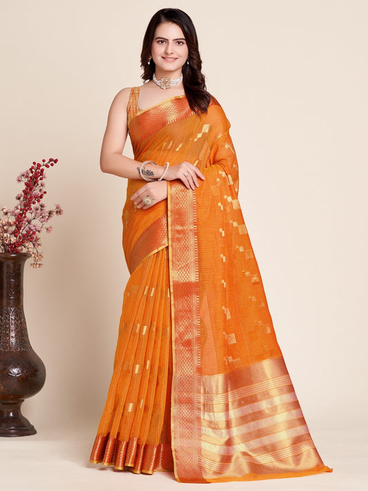 Orange Color Kota Doriya Saree With Zari Weaving Work