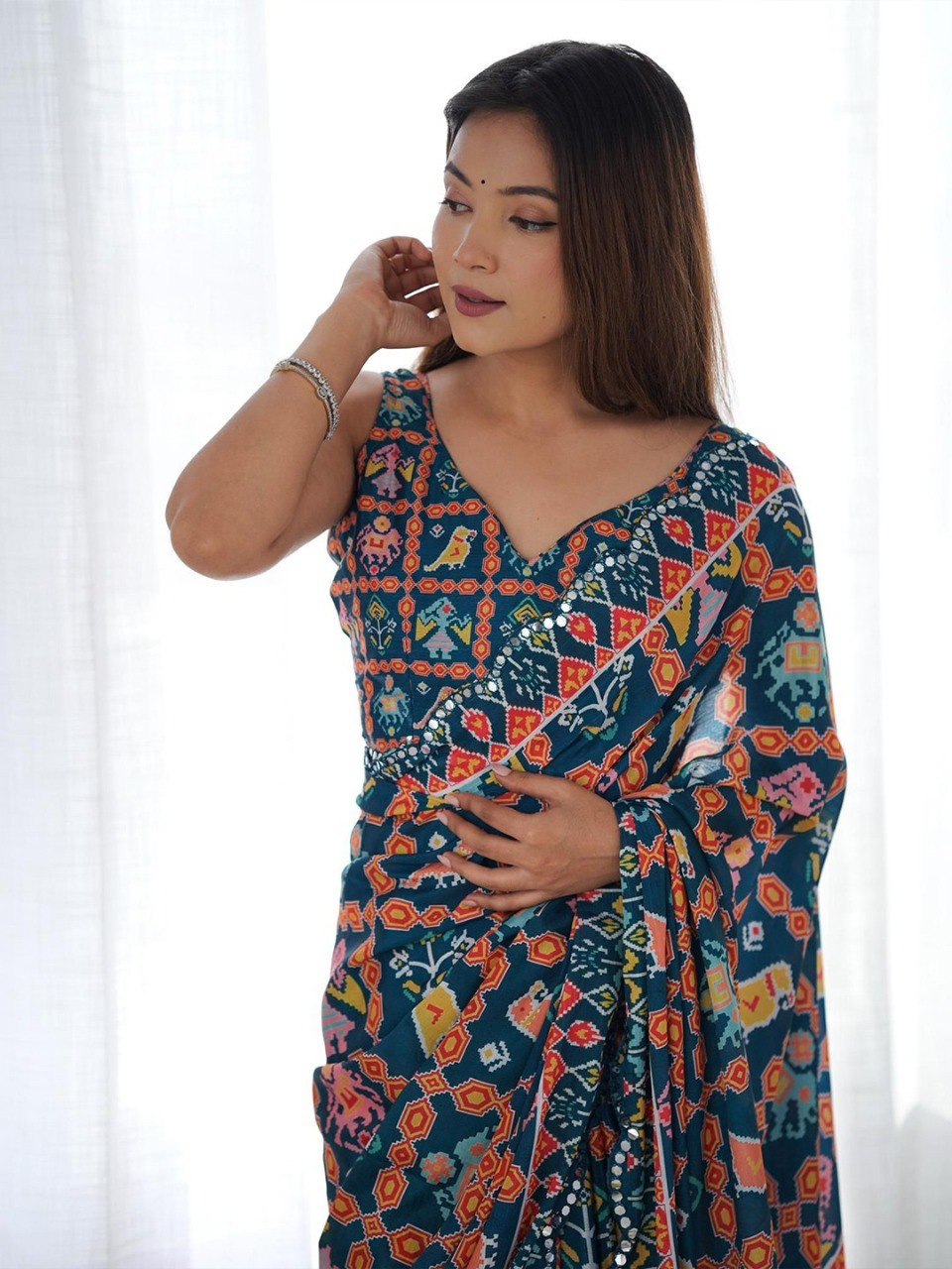 Navy Blue Georgette Saree With Printed And Mirror Work With Arco Border