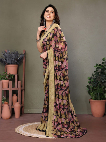 Beige Soft Chiffon Saree With Printed Work And Lace Border