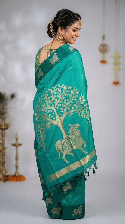 Rama Green Khadi Raw Silk Saree With Zari Weaving Cow Pallu & Border | Traditional Festive Wear – JaipurSaaj
