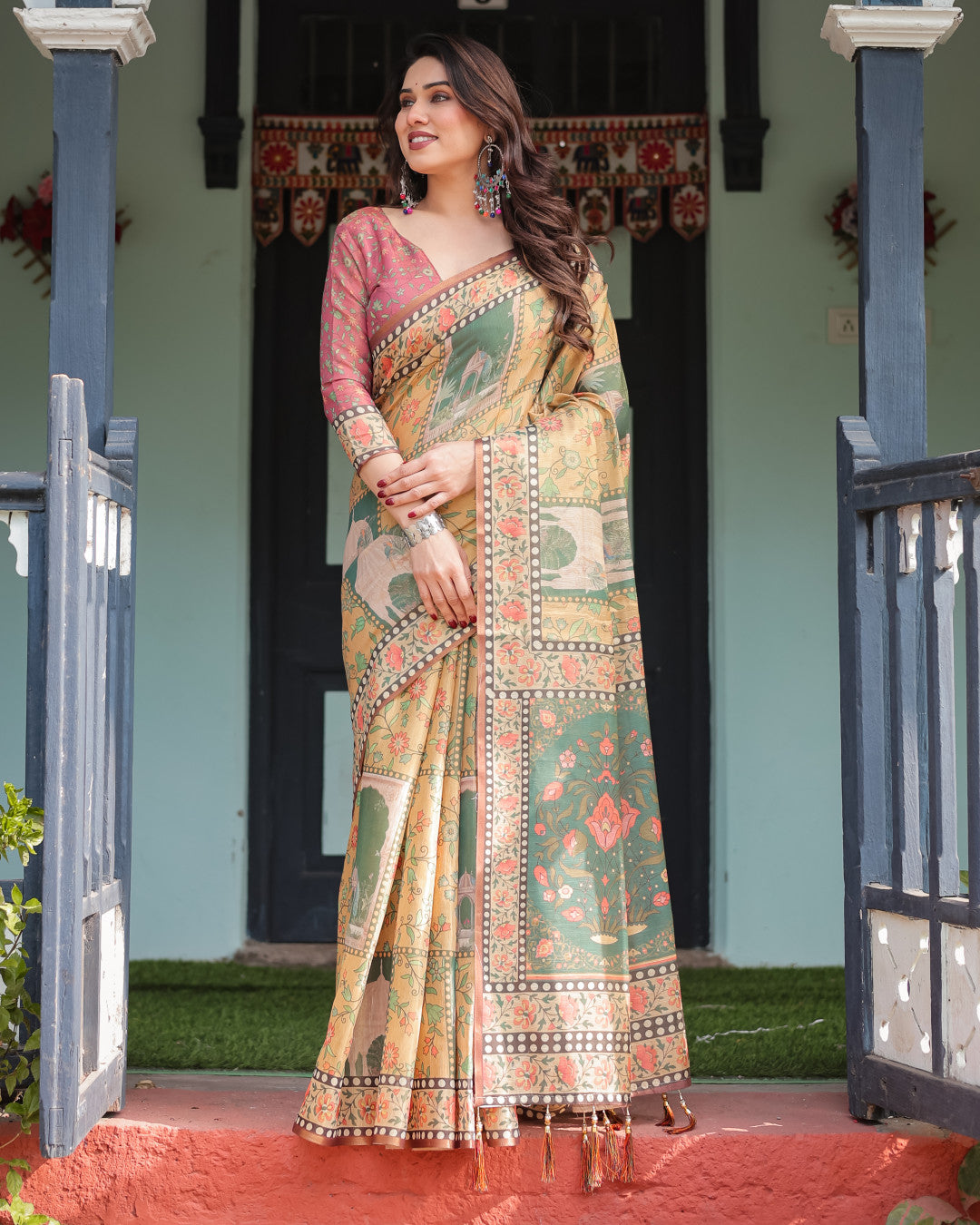 Light Yellow Soft Linen Cotton Saree With Kalamkari Printed Work