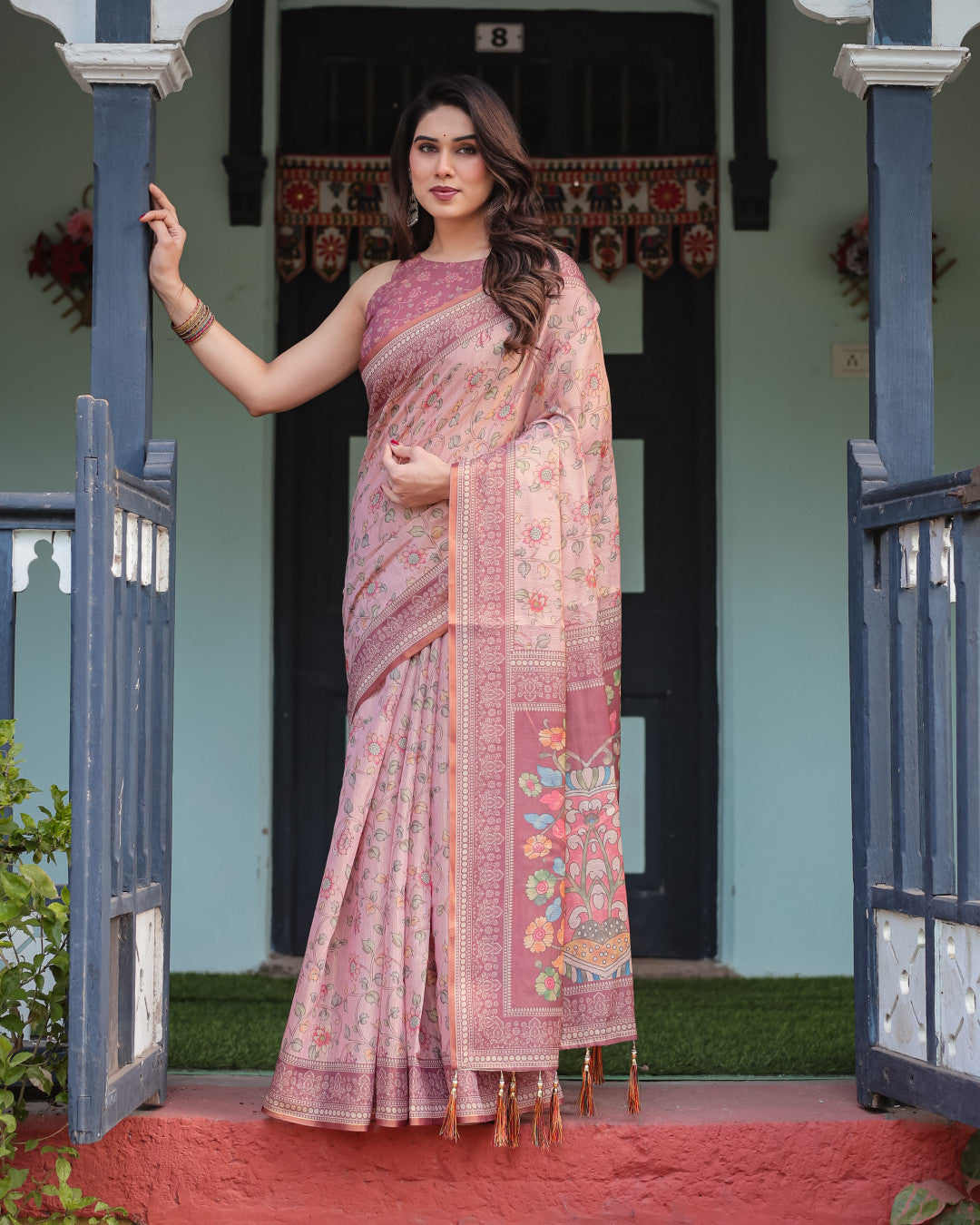 Baby Pink Soft Linen Cotton Saree With Kalamkari Printed Work