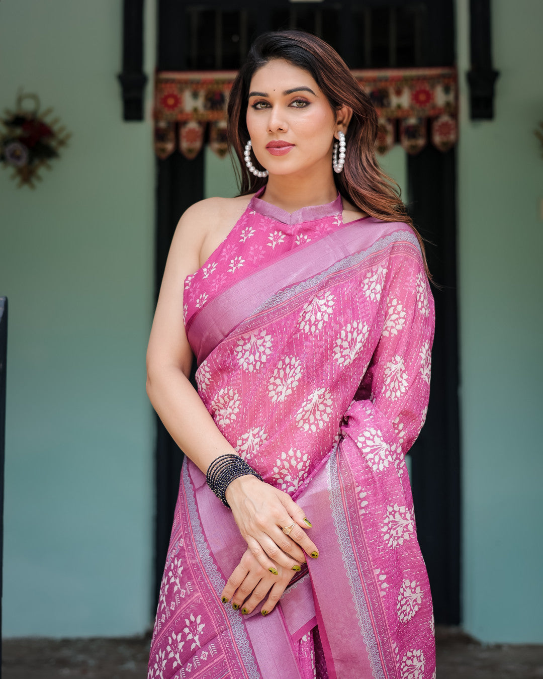 Pink Summer Special Digital Printed Linen Cotton Saree