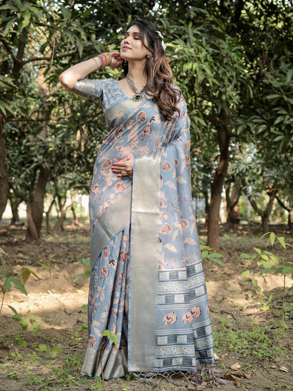 Gray Tussar Silk Saree with Floral Woven Motifs & Zari Border | Traditional Festive Wear – JaipurSaaj
