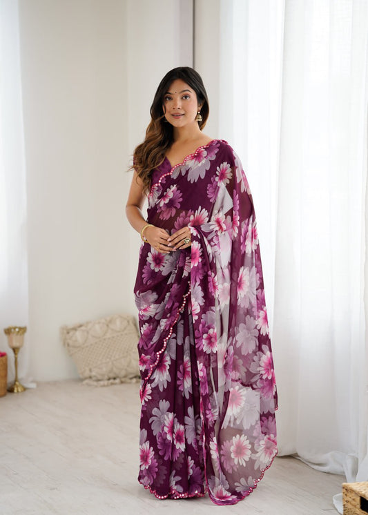 Magenta Color Georgette Saree With Printed Work And Mirror Work Border