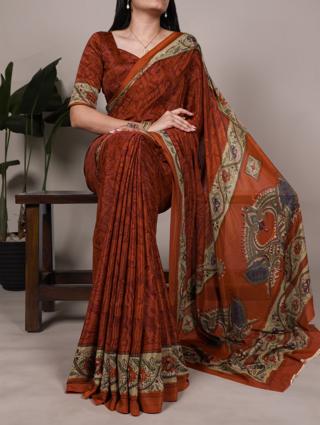 Orange Crepe Silk Saree with Digital Print & Kalamkari Pallu | Designer Festive Ethnic Wear – JaipurSaaj