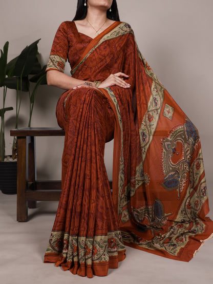 Orange Crepe Silk Saree with Digital Print & Kalamkari Pallu | Designer Festive Ethnic Wear – JaipurSaaj