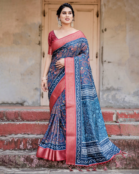 Navy Blue Tussar Silk Saree With Digital Kalamkari Print & Zari Motif Border | Casual & Festive Wear – JaipurSaaj