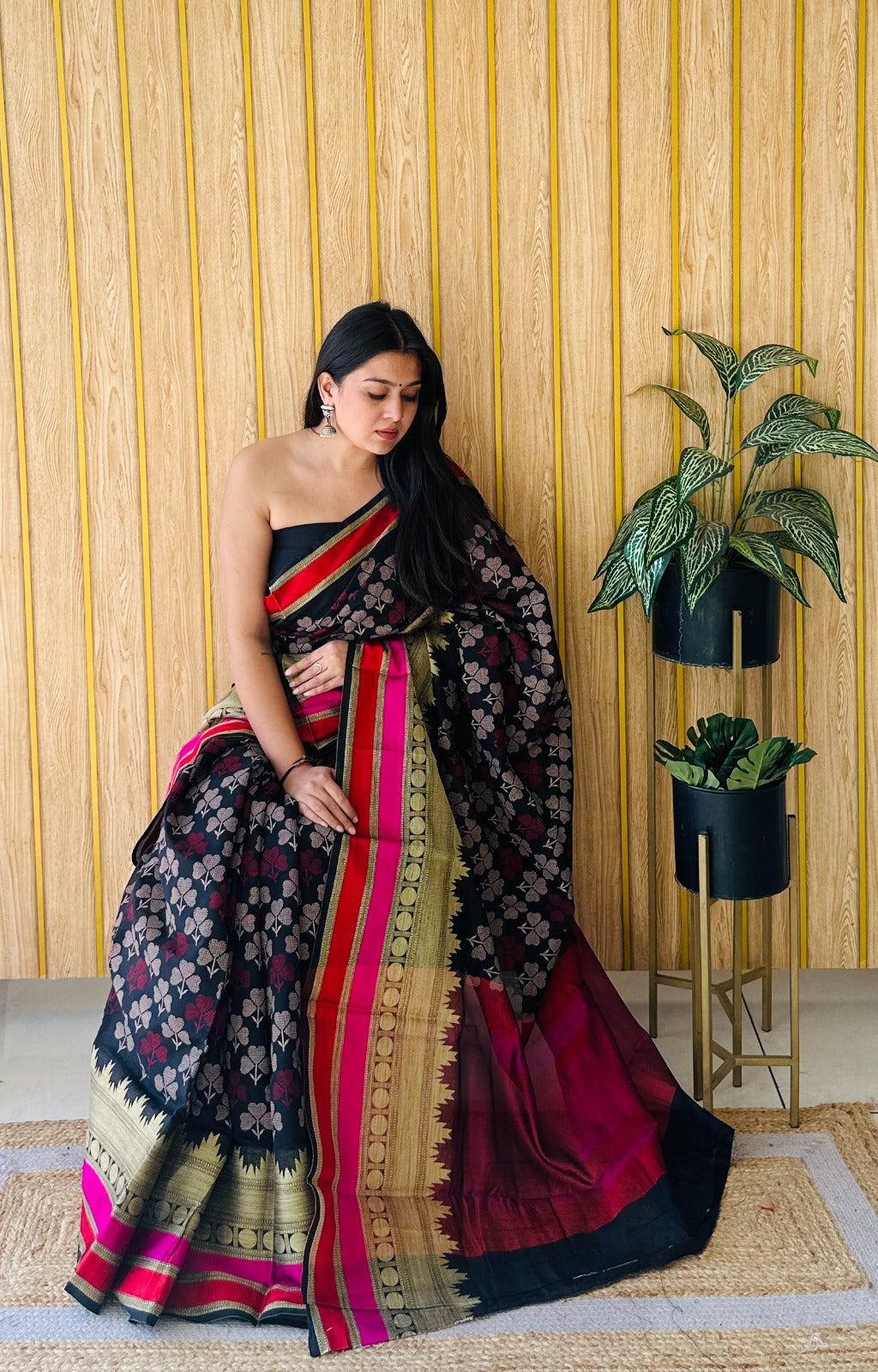Navy Blue Soft Cotton Saree With Jacquard Border