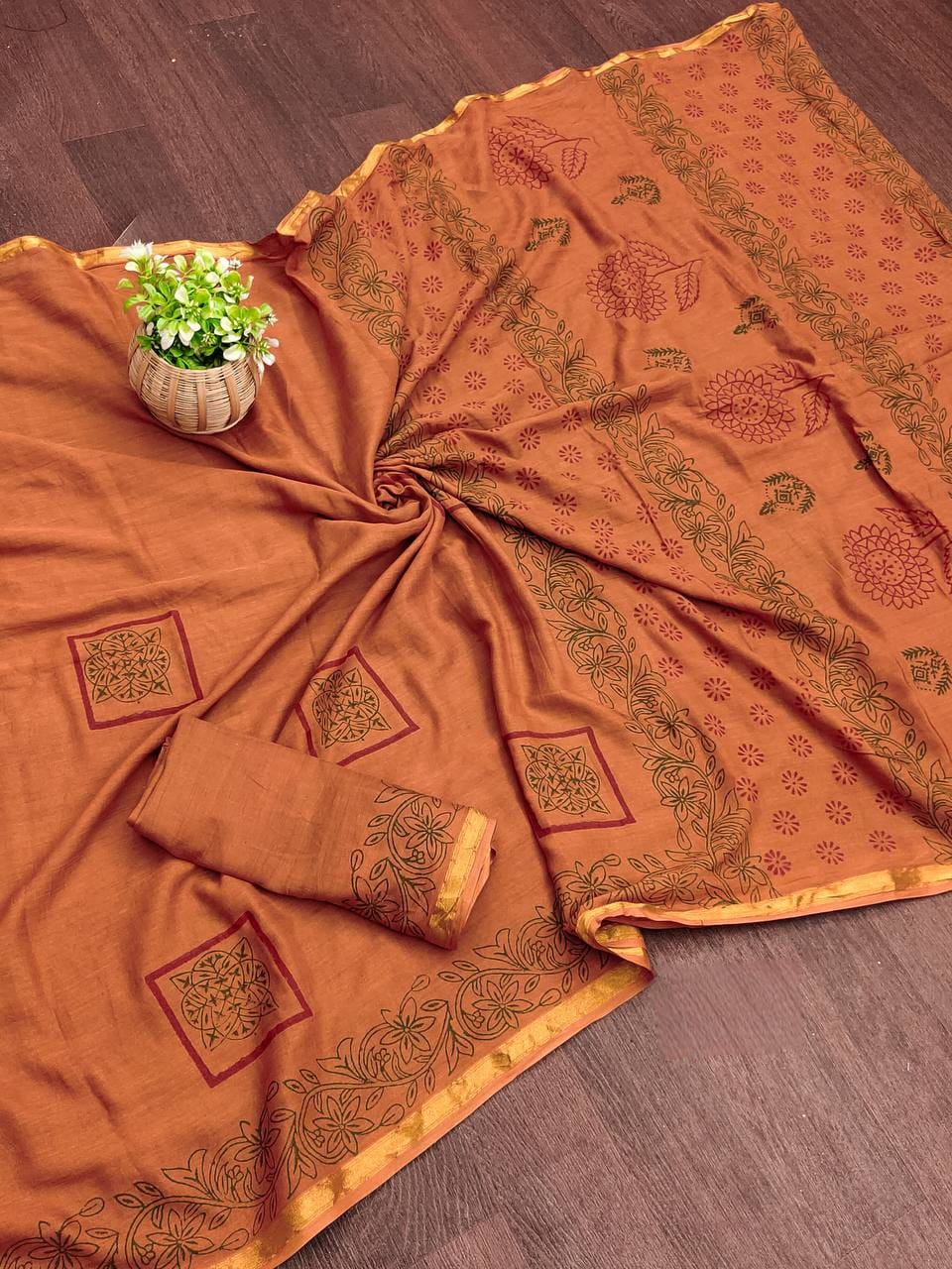 Orange Muslin Cotton Silk Saree With Hand Block Print & Zari Border | Ethnic Wear – JaipurSaaj