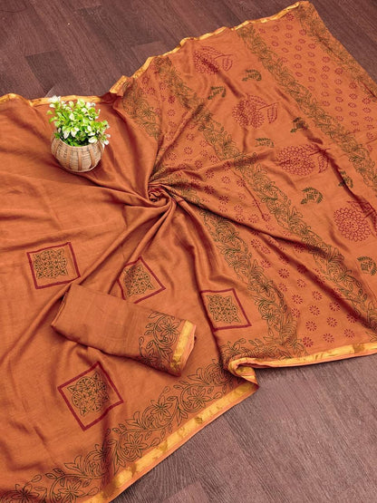 Orange Muslin Cotton Silk Saree With Hand Block Print & Zari Border | Ethnic Wear – JaipurSaaj