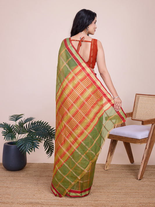Mahendi Green Kota Doriya Saree With Zari Weaving Work