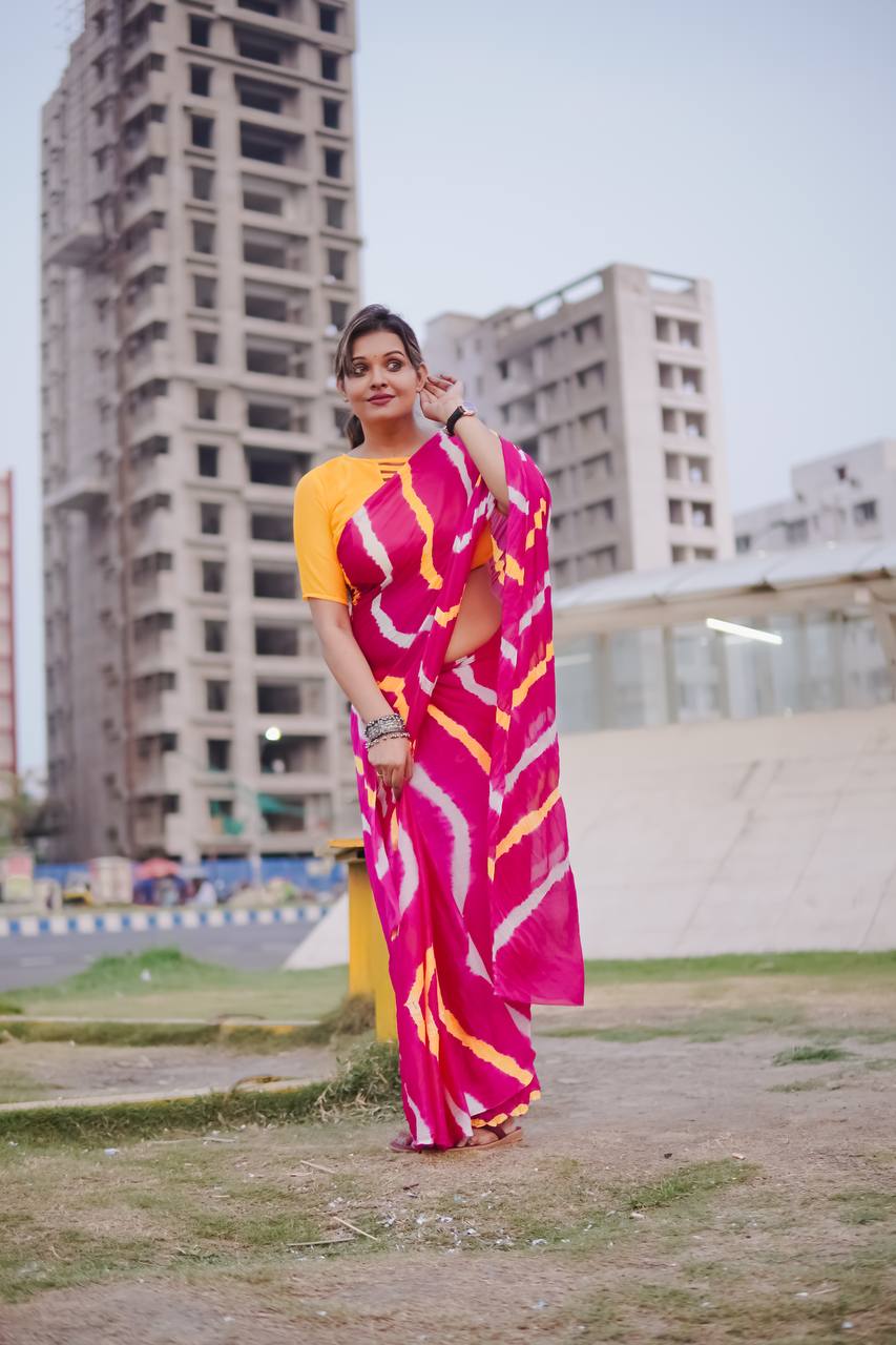 Pink Soft Chinon Silk Saree With Shibori Printed Work | Casual & Festive Wear – JaipurSaaj