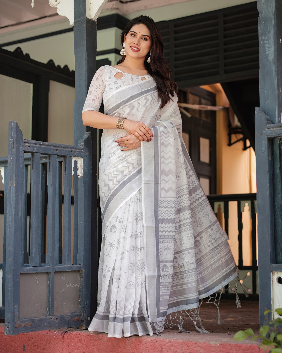 White Summer Special Digital Printed Linen Cotton Saree