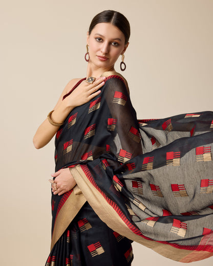 Black Color Cotton Silk Saree With Weaving Work