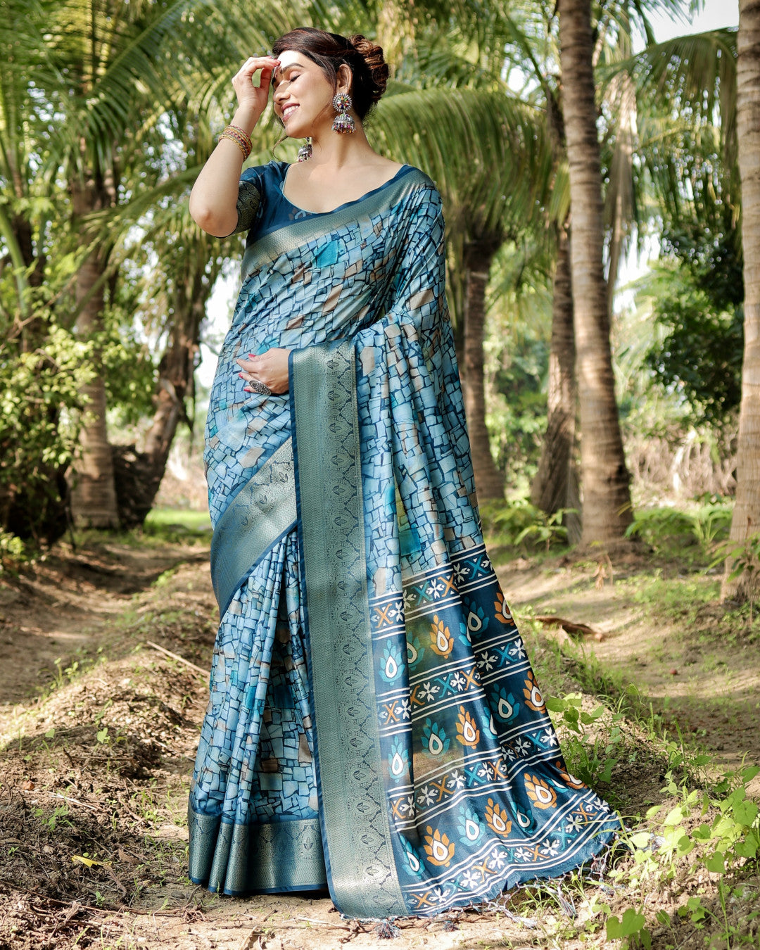 Rama Green Digital Printed Tussar Silk Saree With Zari Motif Border | Traditional Casual & Festive Wear – JaipurSaaj