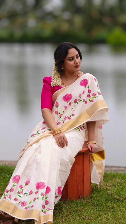 White Plain Mix Linen Cotton Saree With Digital Printed Work