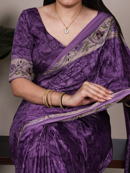Purple Crepe Silk Saree with Digital Print & Kalamkari Pallu | Designer Festive Ethnic Wear – JaipurSaaj