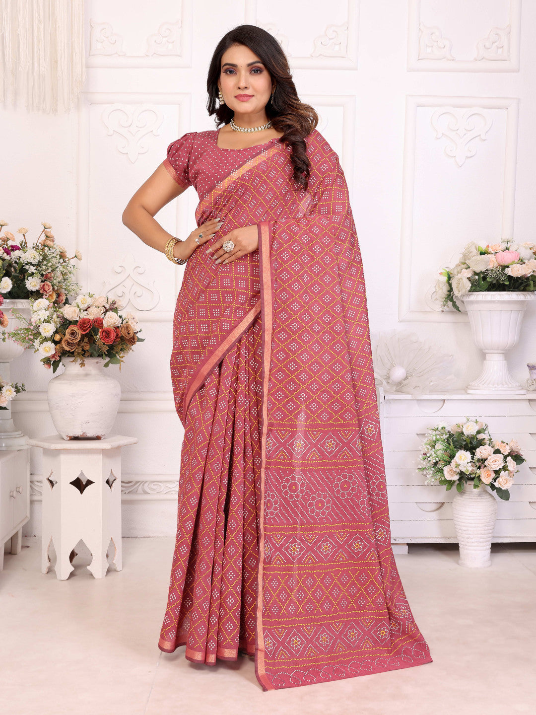 Dusty Pink Bandhej Printed Soft Cotton Saree With Zari Border | Traditional Festive Ethnic Wear – JaipurSaaj