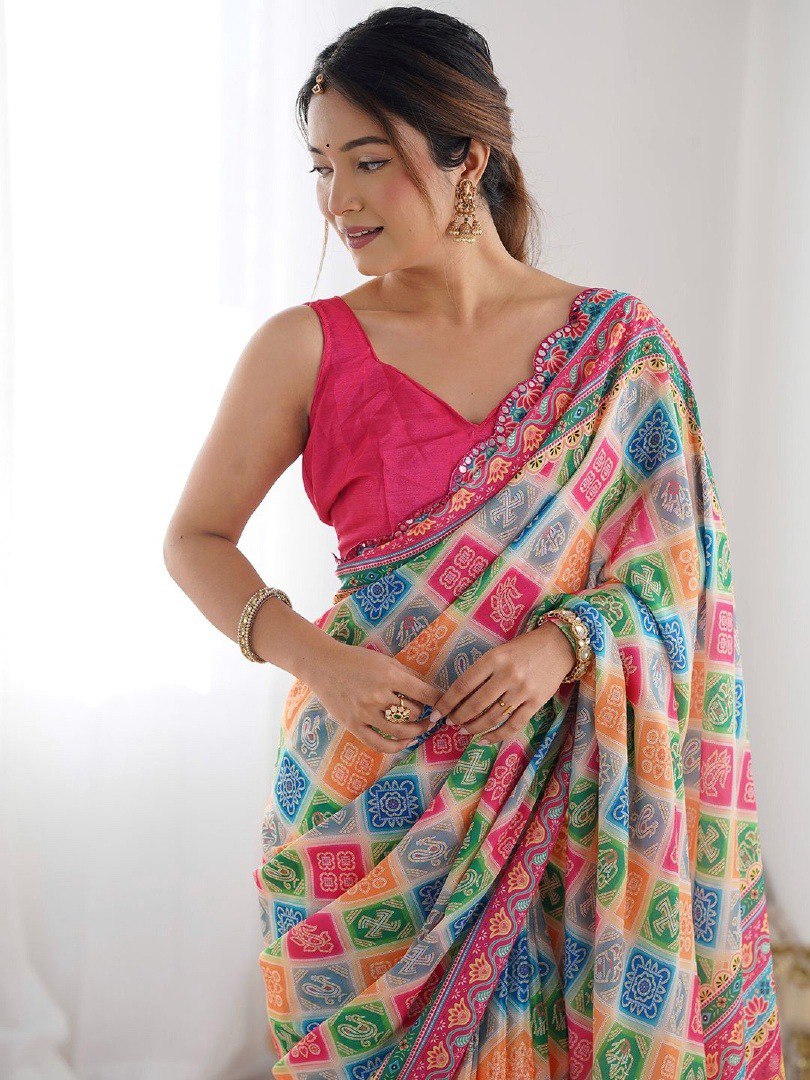 Multi Georgette Saree With Printed And Mirror Work With Arco Border